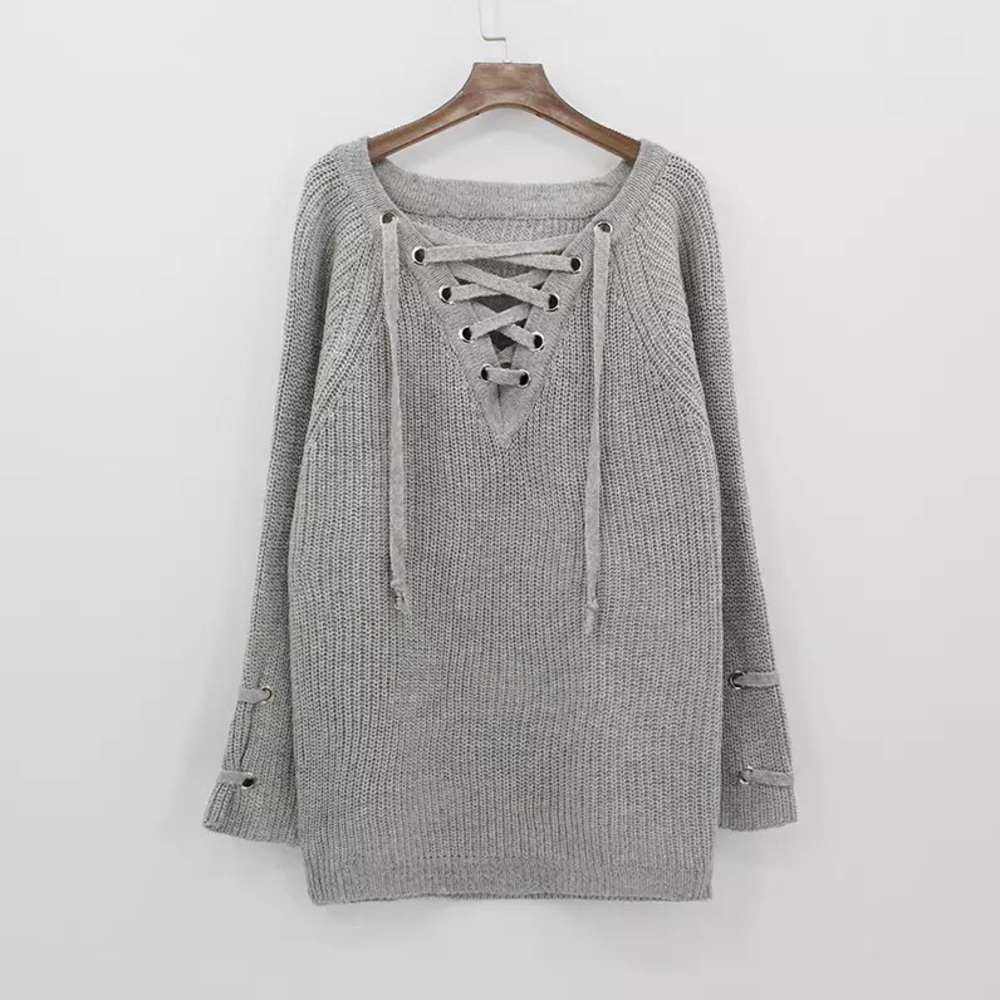Grey Lace Up Oversized Knit Sweater Dress